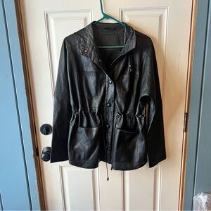Uterqūe Black Textured Leather Utility Jacket with drawstring waist for Women S